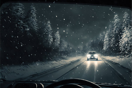 Driving home in a blizzard at night time. Nocturnal driving on a snowy road in winter. Melancholic illustration artwork of a lonely driver on a road on Christmas.の素材