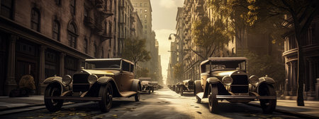 Retro New York City streets with vintage cars and automobiles in the evening. Old school NYC in America in the 1920's or the roaring twenties. Old cars in streets illustration. generative aiの素材
