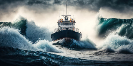An emergency boat in an action scene illustration as it speeds through large ocean waves, providing rescue and emergency services at sea. Rescue service at sea. generative aiの素材