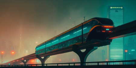 Futuristic monorail above a metropolis. The future of city transportation in an urban neon lit smart city illustration generative aiの素材