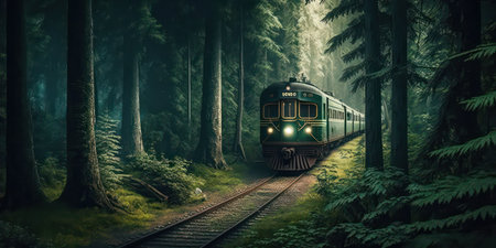 Vintage locomotive train passing through a dense forest and green trees. Retro train traveling in dense woods on an old railway. generative aiの素材