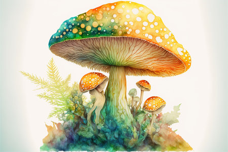 Vibrant illustration featuring a group of poisonous agaric mushrooms, found in forested areas, on a white background. Colourful toadstools depicted in storybook style. Fascinating fungi. generative aiの素材