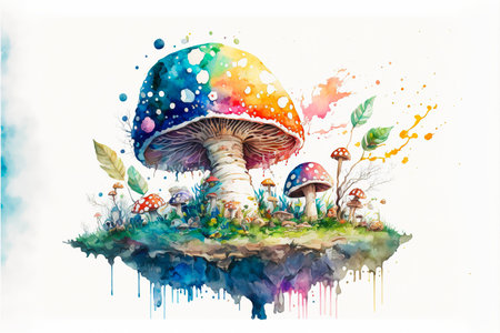 A group of mushrooms on a white background. A playful illustration featuring poisonous agaric forest mushrooms. Vibrant and colourful toadstools. Storybook artwork. generative aiの素材
