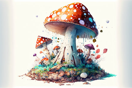 A group of mushrooms on a white background. A playful illustration featuring poisonous agaric forest mushrooms. Vibrant and colourful toadstools. Storybook artwork. generative aiの素材