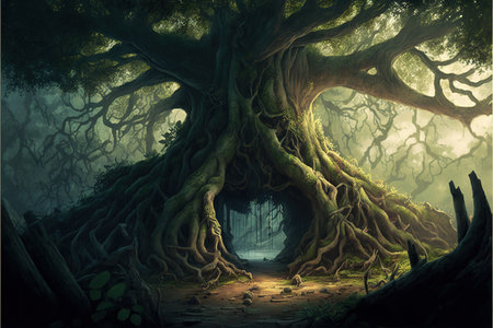 Giant tree illustration with entrance in center, extensive root system, and dense canopy in wooded area. Fantasy large enchanted tree in elven forest. generative aiの素材