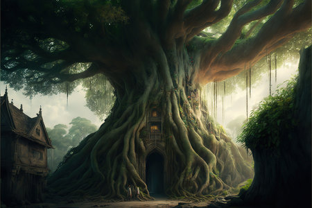 Illustration of a giant tree with a door in the middle of it, sprawling root system and a lush canopy in the woods. Fantasy large magical tree in an elven forest. generative aiの素材
