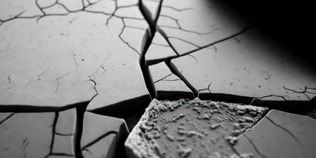 Close-up view of a gray concrete surface featuring discernible pores, fissures, and an uneven texture. Macro shot of a graphically represented cracked concrete. generative aiの素材