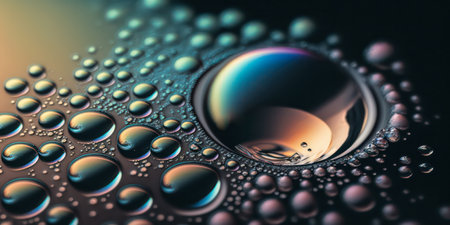 A macro shot of surface with water droplets, highlighting the texture and refraction of the water. Orange glow on water drops in an extreme closeup illustration. generative aiの素材