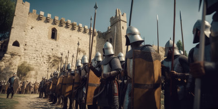 A large medieval army lined up on the castle walls before war. Middle ages troops ready for battle. Medieval military force along the fortress in preparation for castle defence. generative aiの素材