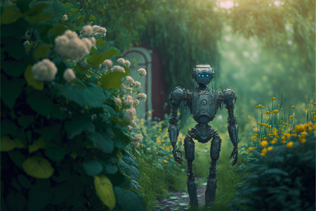 A humanoid robot walking through a peaceful garden. The future of human androids. Technology and nature. The future of humanity with robots. Robot surrounded by flowers. generative aiの素材