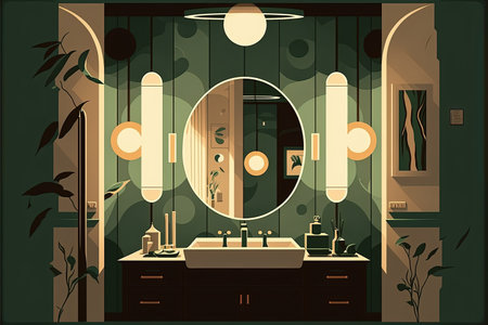 Art deco illustration of a vintage mid century modern art bathroom. Green hues in a minimalist art noveau retro restroom. Trendy bathroom design artwork. generative aiの素材