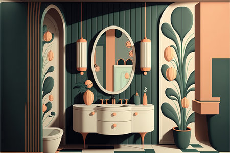 Art deco illustration of a vintage mid century modern art bathroom. Green hues in a minimalist art noveau retro restroom. Trendy bathroom design artwork. generative aiの素材