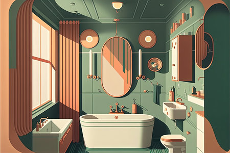 Art deco illustration of a vintage mid century modern art bathroom. Green hues in a minimalist art noveau retro restroom. Trendy bathroom design artwork. generative aiの素材