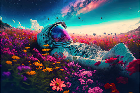 Abstract illustration of an astronaut laying in a field of vibrant flowers. A surrealist art of a spaceman in a spacesuit sleeping surrounded by a floral field. Galaxy like sky. generative aiの素材