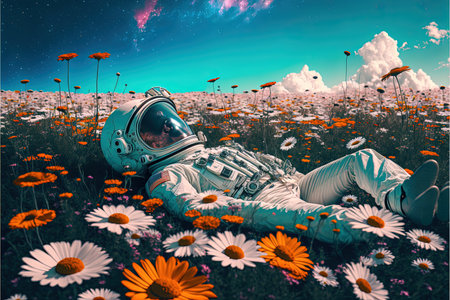 Abstract illustration of an astronaut laying in a field of vibrant flowers. A surrealist art of a spaceman in a spacesuit sleeping surrounded by a floral field. Galaxy like sky. generative aiの素材
