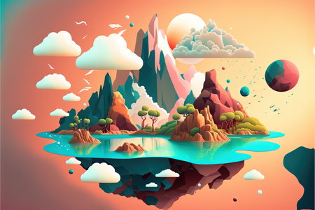 Low poly tropical floating island. Vibrant illustration featuring an exotic fantasy island with mountains and water. Stylised dreamlike paradise landscape. generative aiの素材