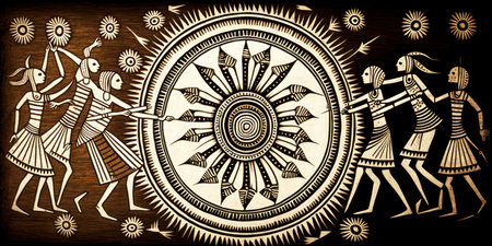 Indigenous people worshipping the sun in a Warli artwork. Maharashtra artwork with symbolic tribal folk around the sun. generative aiの素材