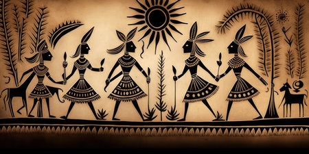Indigenous people worshipping the sun in a Warli artwork. Maharashtra artwork with symbolic tribal folk around the sun. generative aiの素材