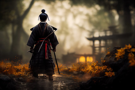 Silhouette of epic Japanese warrior standing in the middle of fields holding a katana overlooking asian Landscape with traditional buildings. Cinematic asian aesthetic with medieval samurai soldier.の素材