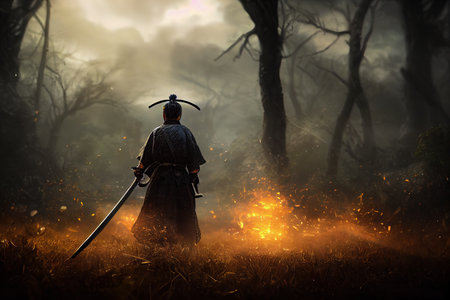 Silhouette of epic Japanese warrior standing in the middle of fields holding a katana overlooking asian Landscape with traditional buildings. Cinematic asian aesthetic with medieval samurai soldier.の素材