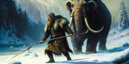 An ice age hunter in a prehistoric artwork , hunting a mammoth with a spear. A neanderthal or caveman wearing furs hunting for food in an illustration of the ice age. generative aiの素材