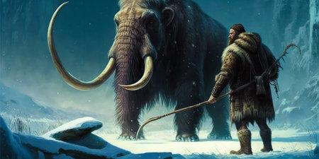 Clovis hunter in the prehistoric ice age, hunting a mammoth with a spear. A neanderthal or caveman wearing furs hunting for food in an illustration artwork of the ice age. generative aiの素材