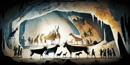 Ancient cave painting depicting various ice age animals and human figures. Prehistoric cavemen art on the walls of a cavern. Ancestral drawings on walls. generative aiの素材