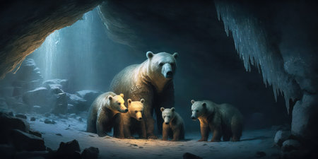 A family of cave bears in a dark cavern with icicles hanging from the ceiling. Icy cave with polar white bear with cubs. Illustration artwork featuring Polar bears in a cavern. generative aiの素材