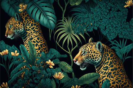 Two leopards among jungle foliage designer pattern. Luxury print featuring two big jungle cats surrounded by greenery and tropical vegetation. generative aiの素材