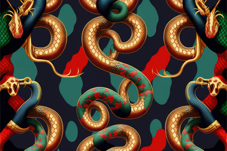 Golden snakes on a red and emerald background. Designer gold snake print. Exclusive and luxurious serpent wallpaper print. generative aiの素材