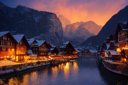 Fantasy medieval village by the mountains and lake in winter. Evening time digital illustration featuring a small town with snow on the roofs and lights inside the houses at the sunset.の素材