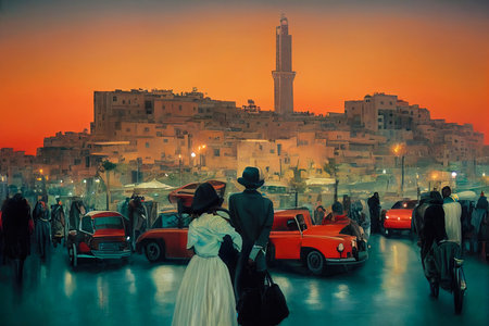Digital illustration of a couple walking in Casablanca at dusk. Cityscape view in the background with retro cars. Cinematic and filmic vintage illustration of romantic sunset and two lovers togetherの素材