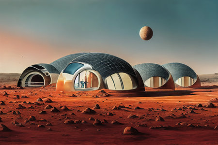 3D digital illustration featuring first colony on Mars. Red Planet martian landscape with red sand and desert environment. Living pods for life on Mars. Houses on mars in colonisation of the planetの素材