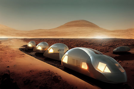 3D render of a Martian colony. Pods for human housing on the planet of Mars. Red planet desert landscape with reflective pods for living. Colonisation of Mars in sci-fi concept art illustrationの素材