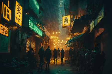 Cyberpunk city at night with traditional asian street signs glowing neon. Rainy night scene illustration of a back alley of a busy futuristic city. Cinematic artwork ofa cyber city. generative aiの素材