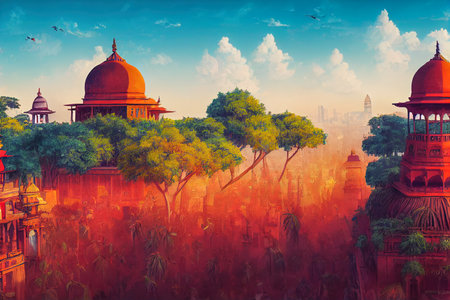 Digital illustration of temples in Delhi, India. Concept art illustration featuring art for a postcard in a colourful Indian artwork wallpaper. Delhi scenery in cartoon style image.の素材