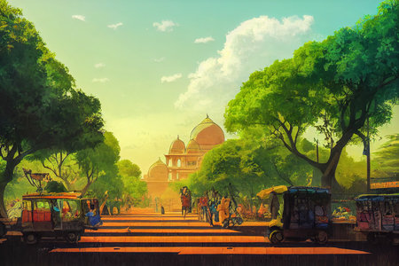 Digital illustration of temples in Delhi, India. Concept art illustration featuring art for a postcard in a colourful Indian artwork wallpaper. Delhi scenery in cartoon style image.の素材