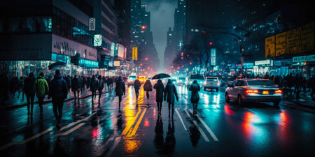 Panoramic illustration of a NYC street at night in the rain. Silhouette of a person with an umbrella surrounded by street lights. Cinematic New York city artwork with road reflections. generative aiの素材
