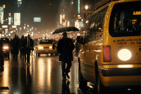Catching a cab in New York during rain surrounded by yellow taxis and buses. Cinematic scene of a silhouette with an umbrella walking on the road towards taxi in a cityscape of NYC. generative aiの素材