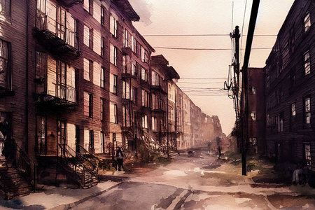 Empty streets of Brooklyn ghetto in New York City. Brick building architecture facades in ghetto streets of NYC. Watercolour concept art of poverty stricken and underprivileged urban streets scene.の素材