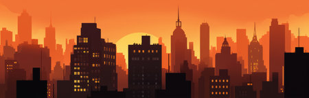 Panoramic view of New York City skyline at dusk. Orange skies at sunset with skyscrapers and silhouettes in a NYC cityscape. Illustrated NY City buildings view from a rooftop. generative aiの素材