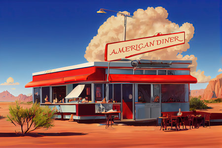 A classic American diner restaurant in the middle of a desert. Red exterior of an empty restaurant in the middle of nowhere. Hot desert landscape on highway 66 with a concept art cartoon style cafe.の素材