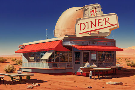 A classic American diner restaurant in the middle of a desert. Red exterior of an empty restaurant in the middle of nowhere. Hot desert landscape on highway 66 with a concept art cartoon style cafe.の素材