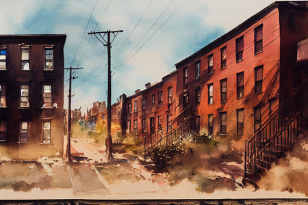 Concept watercolour art featuring the ghetto streets and buildings of New York City, Brooklyn. Underprivileged neighbourhood in 90's America. Empty NYC street with brick building facades.の素材