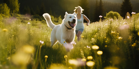A happy dog and its owner running side by side through sunlit fields, wildflowers in full bloom. generative aiの素材