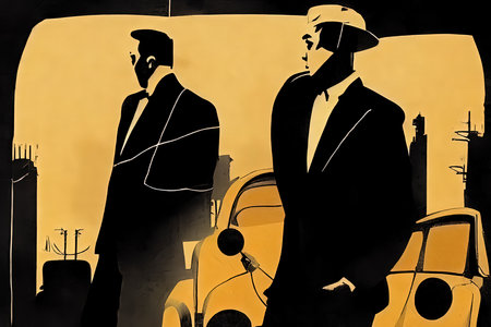 Digital noir illustration of Italian mafia members around vintage cars. Mafia gangsters and criminals wearing all black, standing in silhouettes with retro automobiles in background Gang art deco art.の素材