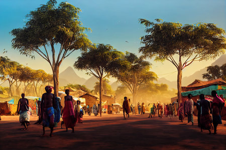 Digital illustration of a traditional market African market in the middle ages. Busy rural marketplace with silhouettes of villagers walking around to do a weekly shop on a bright summers day.の素材