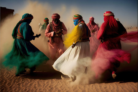 Men in colourful turbans dancing in the sand. Traditional dance by a group of people wearing colourful robes. Sense of togetherness through dancing. generative aiの素材