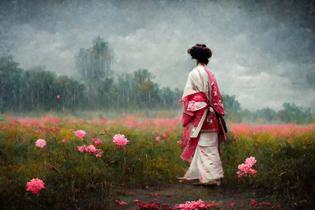 Background wallpaper illustration featuring a Japanese geisha standing in the field of pink flowers, wearing a white kimono. Pink flowers in the rain with a traditional geisha woman looking at fields.の素材