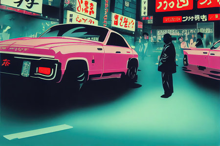 Fantasy artwork of pink cars in the streets of Japan, Tokyo. Asian street with a silhouette of a person, advertising signs on buildings and pink colour vehicles. Graphic art illustration of busy city.の素材